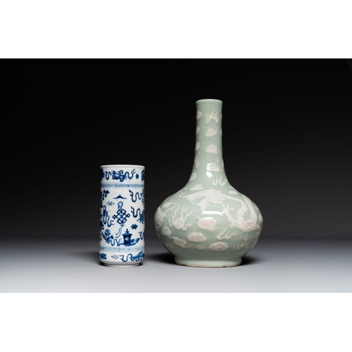 774 - A Chinese celadon-ground slib design 'dragon' vase and Chinese blue and white vase or incense contai... 