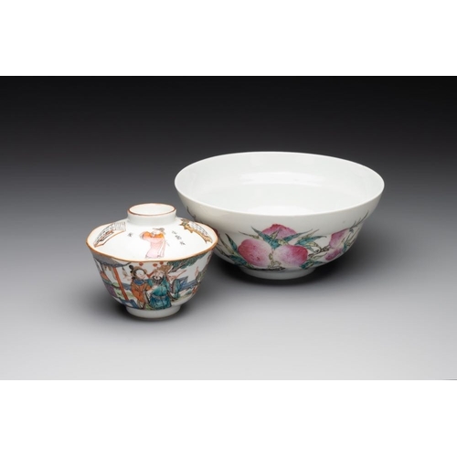 781 - A Chinese famille rose 'nine peaches' bowl and a 'Wu Shuang Pu' covered bowl, Qianglong and Tongzhi ... 