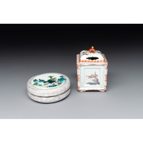 788 - A Chinese famille rose covered seal paste box and a square famille verte covered censer, Qianlong ma... 