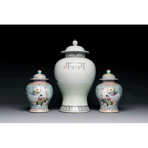 799 - A Chinese famille rose covered vase and a pair of small covered vases, Qianlong mark, 20th C.H.: 52 ... 