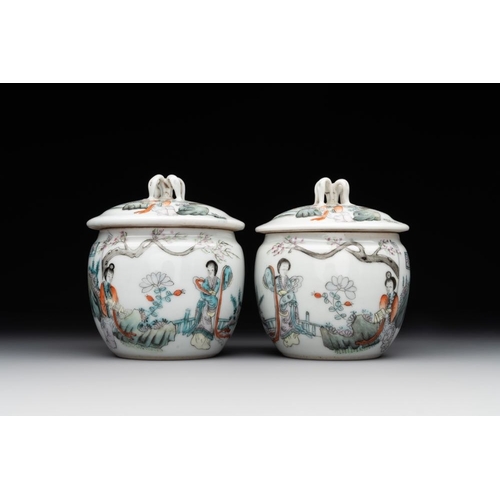 801 - A Chinese famille verte vase, two famille rose jars and three covered jars, 19th C.H.: 57,5 cm (the ... 