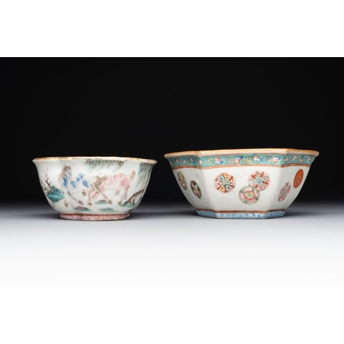 804 - A Chinese blue, white and famille rose tea service, three famille rose bowls, a plate and a covered ... 