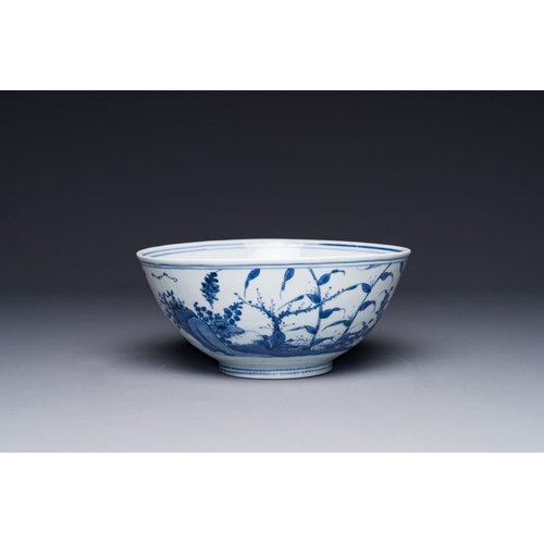 848 - A Chinese blue and white 'mandarin ducks in a lotus pond' bowl, Chenghua mark, WanliDia.: 21,5 cm - ... 