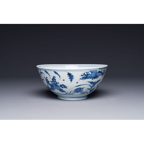 848 - A Chinese blue and white 'mandarin ducks in a lotus pond' bowl, Chenghua mark, WanliDia.: 21,5 cm - ... 