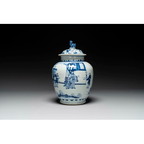 863 - A Chinese blue and white 'Jia Guan Jin Jue' vase and cover, Transitional periodH.: 36,5 cm (incl. co... 