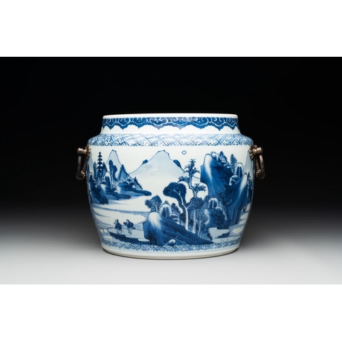 870 - A fine Chinese blue and white 'landscape and antiquities' bowl with silver handles, KangxiL.: 21,5 c... 