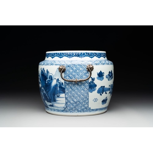 870 - A fine Chinese blue and white 'landscape and antiquities' bowl with silver handles, KangxiL.: 21,5 c... 