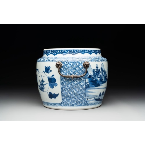 870 - A fine Chinese blue and white 'landscape and antiquities' bowl with silver handles, KangxiL.: 21,5 c... 