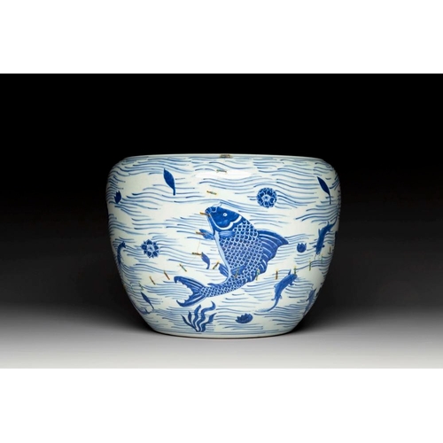 875 - A Chinese blue and white 'carp' fishbowl, KangxiDia.: 45 cm - H.: 32,5 cmThe absence of a condition ... 