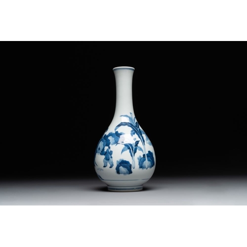 885 - A Chinese blue and white bottle vase with court ladies and playing boys, Chenghua mark, KangxiH.: 25... 