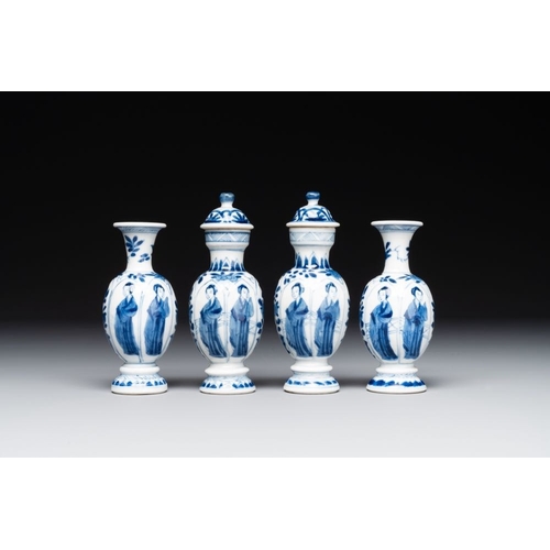 891 - Two pairs of Chinese blue and white 'Long Eliza' vases, jade mark, KangxiH.: 13 cm (the tallest vase... 