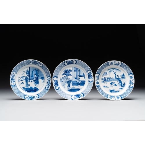 895 - Three Chinese blue and white plates with figural design, Chenghua and Kangxi mark, KangxiDia.: 21 cm... 