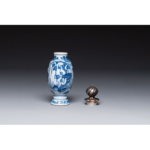 901 - A Chinese blue and white 'hunting scene' 'klapmuts' bowl and a vase with a silver cover, KangxiDia.:... 