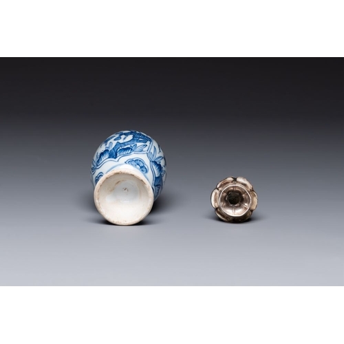 901 - A Chinese blue and white 'hunting scene' 'klapmuts' bowl and a vase with a silver cover, KangxiDia.:... 