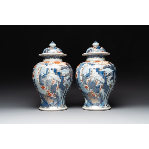 908 - A pair of fine Chinese Imari-style vases and covers with narrative design, KangxiH.: 43,5 cmThe abse... 