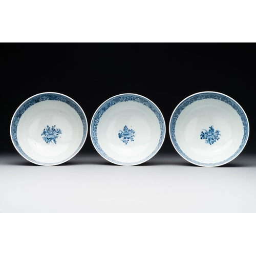 914 - Six Chinese blue and white 'floral' bowls, a pair of dishes, a saucer and an iron-red-decorated plat... 