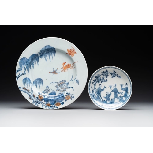 914 - Six Chinese blue and white 'floral' bowls, a pair of dishes, a saucer and an iron-red-decorated plat... 