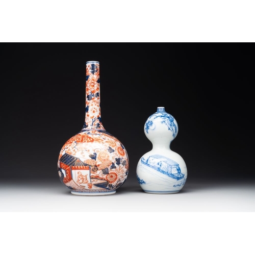 936 - A Japanese blue and white gourd vase, an Imari bottle vase and a set of five Satsuma cups, 19th C.H.... 