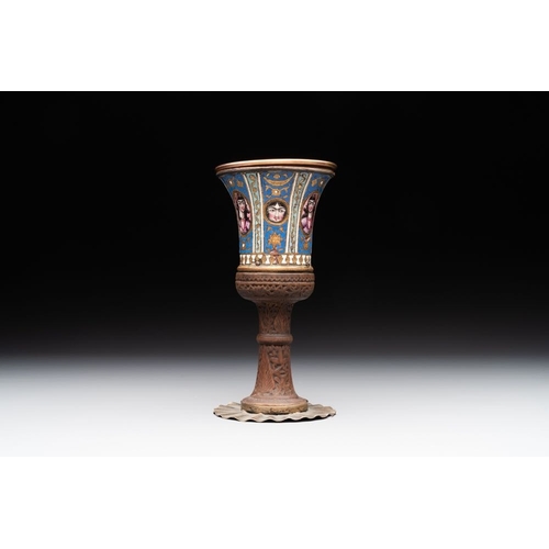 940 - A gilt copper and enamelled water pipe base on wooden stand, Qajar, Iran, 19th C.H.: 17 cm The absen... 