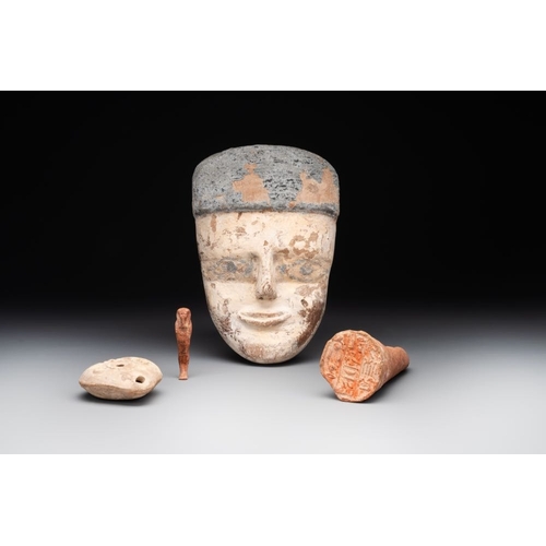 967 - A death mask, a Ushabti, an oil lamp and a ritual cone with hieroglyphs, Egypt, 15th/1st C. B.C.H.: ... 