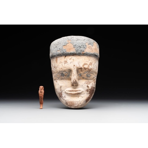 967 - A death mask, a Ushabti, an oil lamp and a ritual cone with hieroglyphs, Egypt, 15th/1st C. B.C.H.: ... 