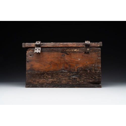 972 - A Gothic wrought iron-mounted oak chest, probably France, 14/15th C.Dim.: 36 x 19,5 x 21 cmThe absen... 