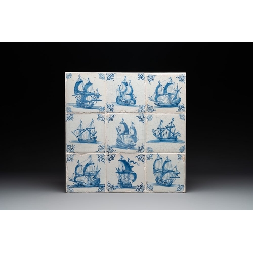 978 - A fine set of 9 blue and white Dutch Delft tiles with ships, 17th C.Dim.: 39,5 x 39,5 cmDim.: 13 x 1... 