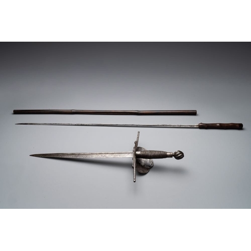 997 - A varied collection of 4 European swords and a walking stick-blade, 17/19th C.L.: 104,6 cm (the long... 