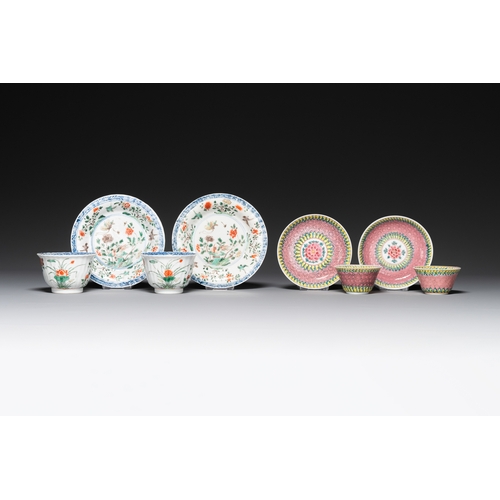 298 - A pair of Chinese famille verte and a pair of famille rose cups and saucers, Kangxi/YongzhengDia.: 1... 