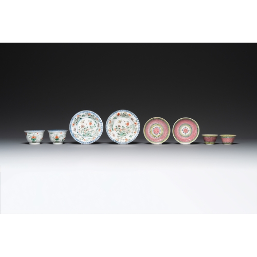 298 - A pair of Chinese famille verte and a pair of famille rose cups and saucers, Kangxi/YongzhengDia.: 1... 