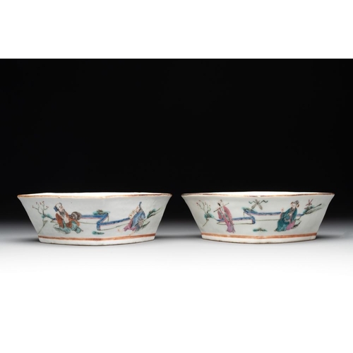 1002 - A Chinese famille rose nine-piece sweetmeat or rice table set, Tongzhi mark, 19th C.Dim.: 20,4 x 11 ... 