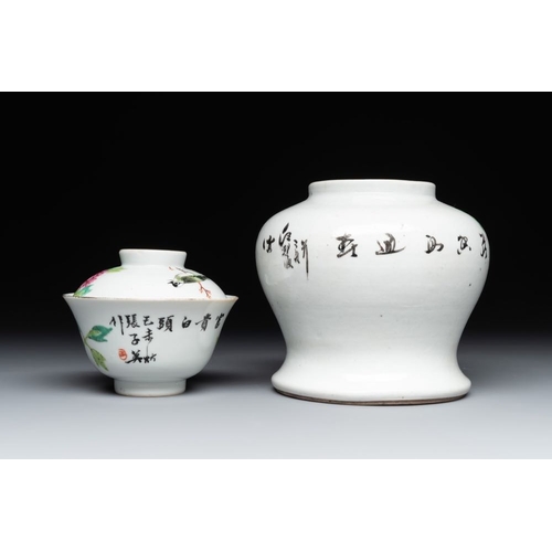 1005 - A varied collection of nine Chinese famille rose wares, 19/20th C.Dia.: 17,3 cm (the plate)Dia.: 17 ... 