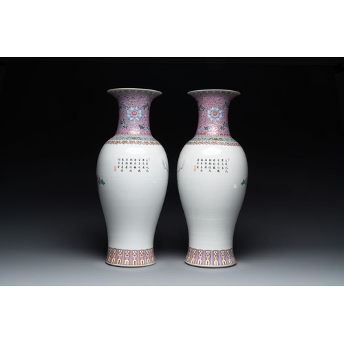 1007 - A pair of Chinese famille rose vases and two vases, Qianlong mark, 20th C.H.: 61 cm (the tallest)H.:... 