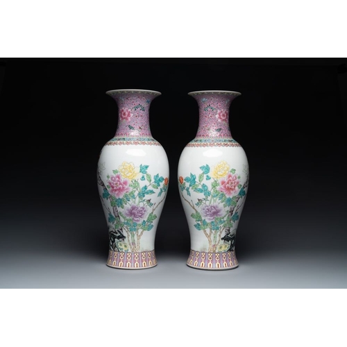 1007 - A pair of Chinese famille rose vases and two vases, Qianlong mark, 20th C.H.: 61 cm (the tallest)H.:... 