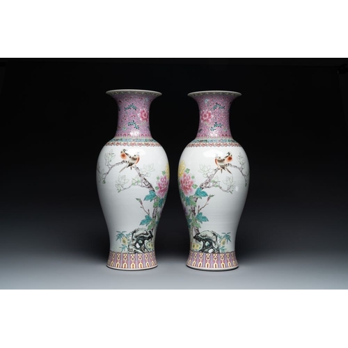 1007 - A pair of Chinese famille rose vases and two vases, Qianlong mark, 20th C.H.: 61 cm (the tallest)H.:... 