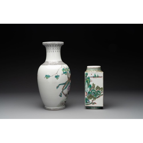 1008 - Three Chinese famille rose vases and a famille verte 'cong' vase, Qianlong mark, 20th C.H.: 46,5 cm ... 