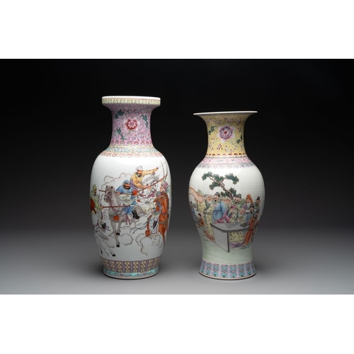 1008 - Three Chinese famille rose vases and a famille verte 'cong' vase, Qianlong mark, 20th C.H.: 46,5 cm ... 