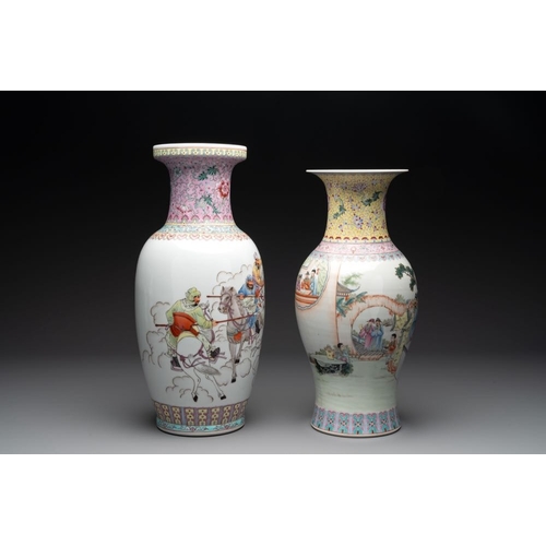 1008 - Three Chinese famille rose vases and a famille verte 'cong' vase, Qianlong mark, 20th C.H.: 46,5 cm ... 