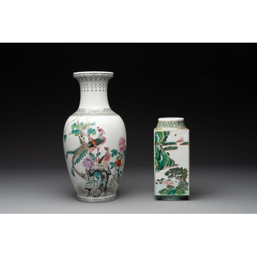 1008 - Three Chinese famille rose vases and a famille verte 'cong' vase, Qianlong mark, 20th C.H.: 46,5 cm ... 