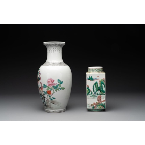 1008 - Three Chinese famille rose vases and a famille verte 'cong' vase, Qianlong mark, 20th C.H.: 46,5 cm ... 