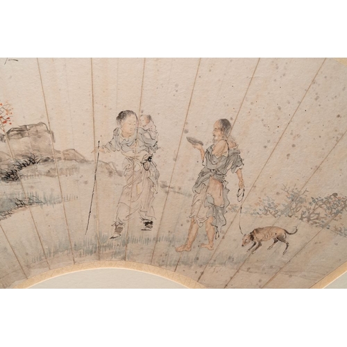 1021 - A Chinese fan with folk tale, ink and colour on paper, signed Yuan Qichao, 19th C.Dim.: 50 x 70 cm (... 