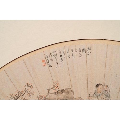 1021 - A Chinese fan with folk tale, ink and colour on paper, signed Yuan Qichao, 19th C.Dim.: 50 x 70 cm (... 