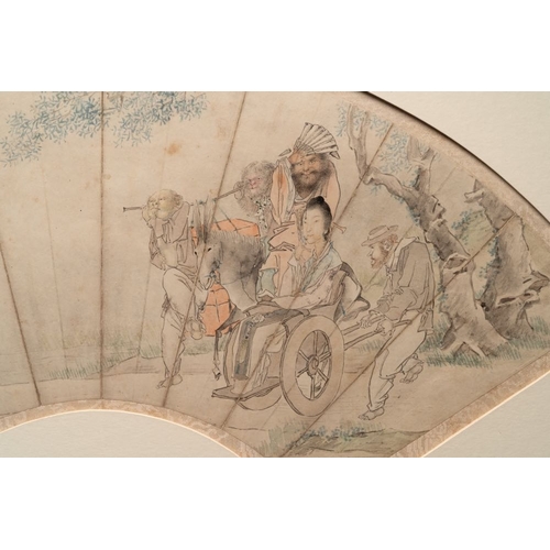 1022 - A Chinese fan with folk tale, ink and colour on paper, 19th C.Dim.: 50 x 70 cm (the frame)Dim.: 23 x... 