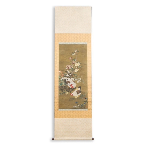 1037 - Chinese school: 'Rooster and flowers', ink and colour on silk, 19/20th C.Dim.: 228,5 x 62 cm (the sc... 