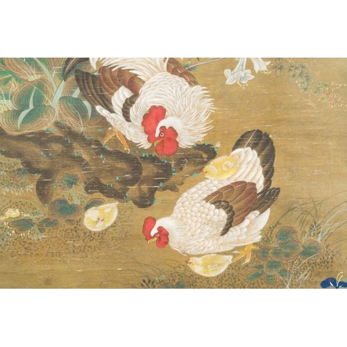 1037 - Chinese school: 'Rooster and flowers', ink and colour on silk, 19/20th C.Dim.: 228,5 x 62 cm (the sc... 