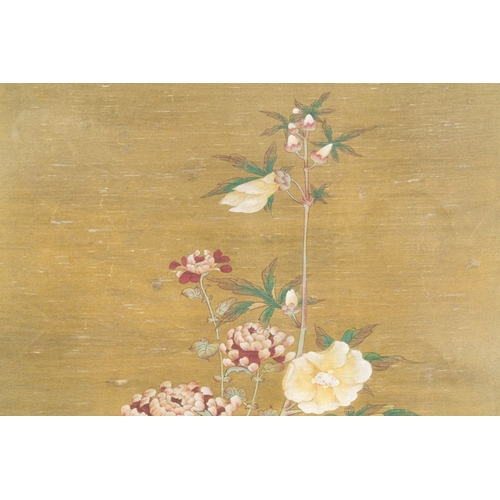 1037 - Chinese school: 'Rooster and flowers', ink and colour on silk, 19/20th C.Dim.: 228,5 x 62 cm (the sc... 