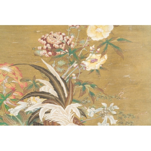 1037 - Chinese school: 'Rooster and flowers', ink and colour on silk, 19/20th C.Dim.: 228,5 x 62 cm (the sc... 