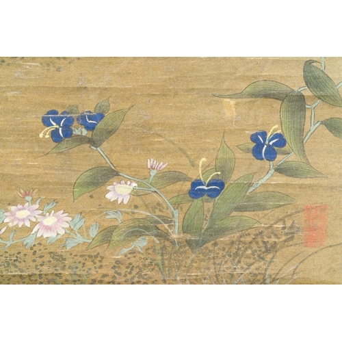 1037 - Chinese school: 'Rooster and flowers', ink and colour on silk, 19/20th C.Dim.: 228,5 x 62 cm (the sc... 