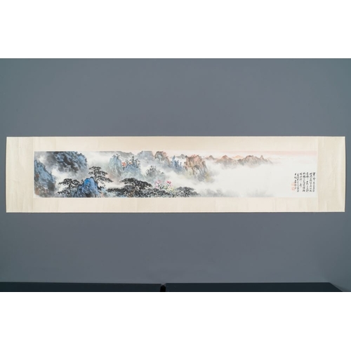 1039 - Ying Yeping (1910-1990): 'Mountainous landscape', ink and colour on paper, dated 1982Dim.: 166 x 37 ... 