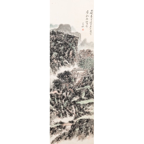 1046 - Huang Binhong  (1865-1955): 'Mountainous landscape', ink and colour on paperDim.: 237 x 48,5 cm (the... 